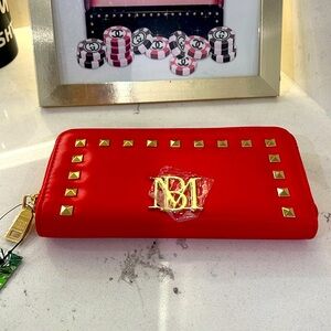 Badgley Mischka NWT Long Wallet Vegan Red Gold studs MSRP $59